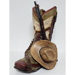 Vintage Handpainted Western Boot Figurine w/ Hat & Rifle Resin Hand Painted 5.5"